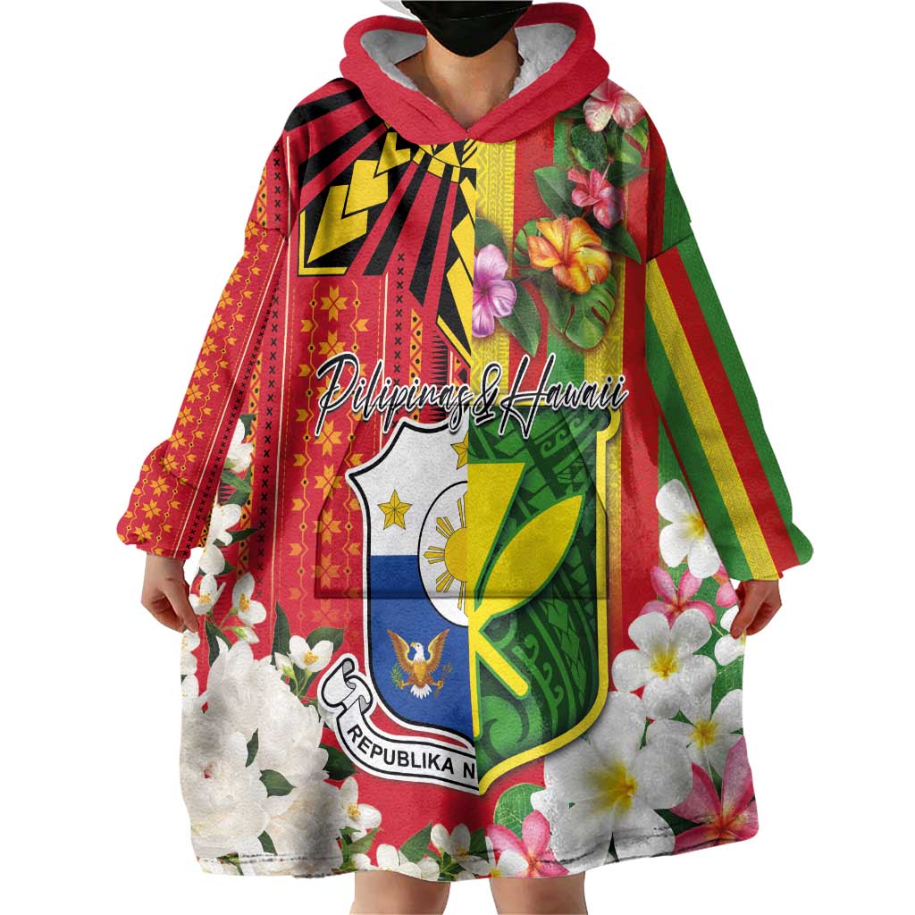 Personalised Hawaii and Philippines Together Wearable Blanket Hoodie The Emblems with Cultural Symbols Green-Yellow-Red Tricolor LT03 - Polynesian Pride