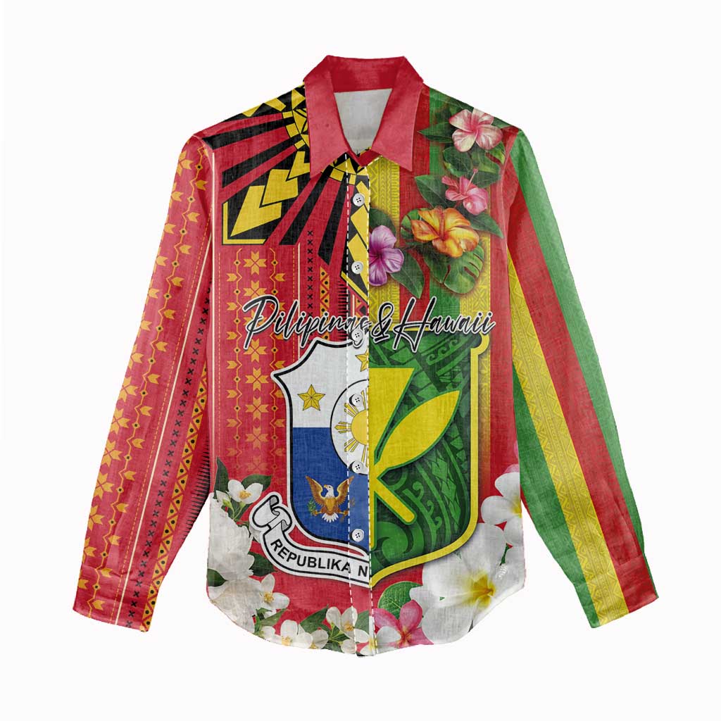 Personalised Hawaii and Philippines Together Women Casual Shirt The Emblems with Cultural Symbols Green-Yellow-Red Tricolor LT03 - Polynesian Pride