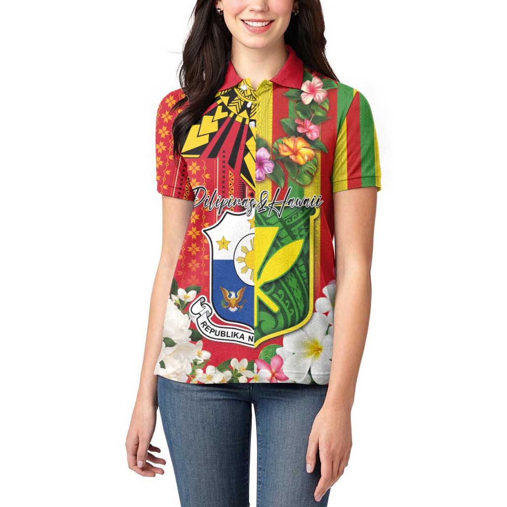 Personalised Hawaii and Philippines Together Women Polo Shirt The Emblems with Cultural Symbols Green-Yellow-Red Tricolor LT03 - Polynesian Pride