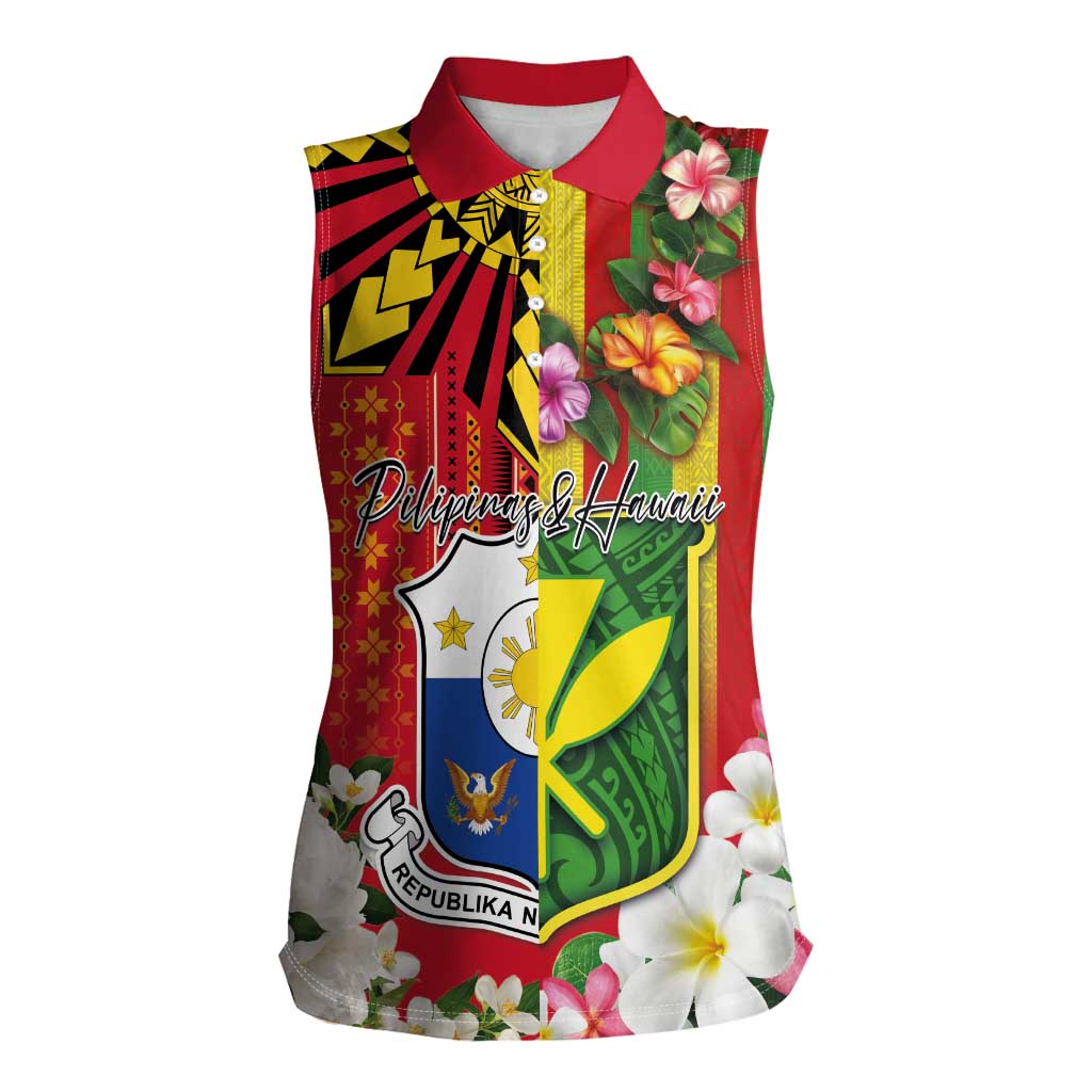 Personalised Hawaii and Philippines Together Women Sleeveless Polo Shirt The Emblems with Cultural Symbols Green-Yellow-Red Tricolor LT03 Female Art - Polynesian Pride
