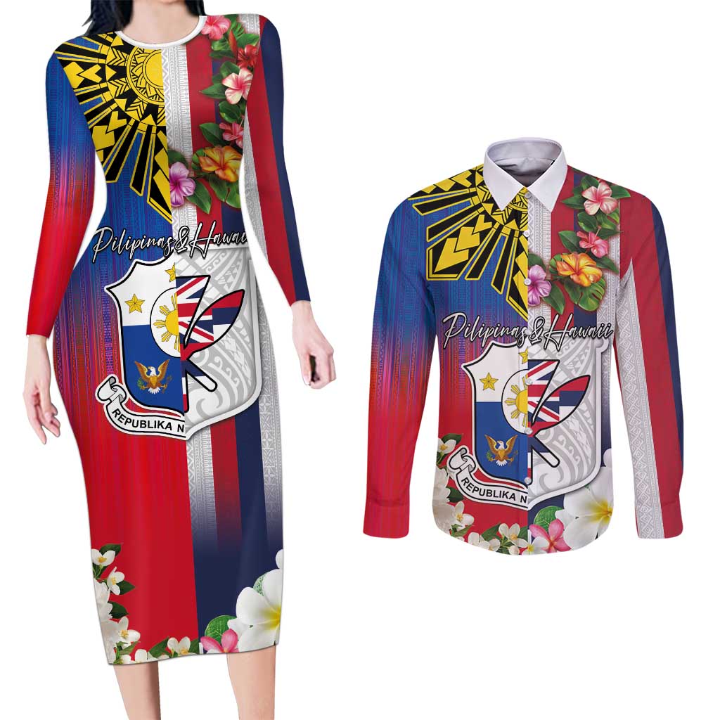 Personalised Hawaii and Philippines Together Couples Matching Long Sleeve Bodycon Dress and Long Sleeve Button Shirt The Emblems with Cultural Symbols Blue-White-Red Tricolor LT03 Art - Polynesian Pride