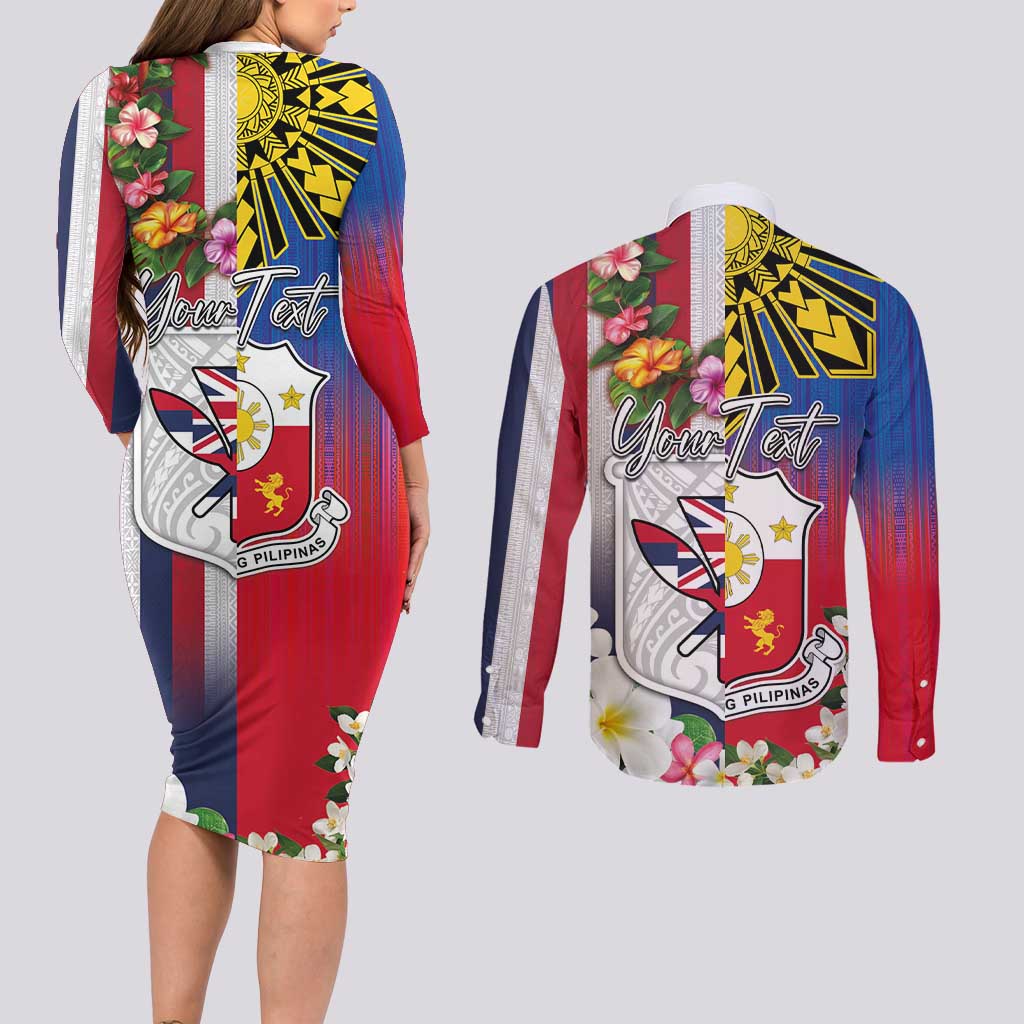 Personalised Hawaii and Philippines Together Couples Matching Long Sleeve Bodycon Dress and Long Sleeve Button Shirt The Emblems with Cultural Symbols Blue-White-Red Tricolor LT03 - Polynesian Pride