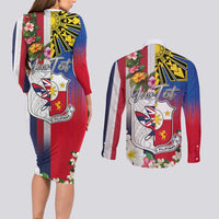 Personalised Hawaii and Philippines Together Couples Matching Long Sleeve Bodycon Dress and Long Sleeve Button Shirt The Emblems with Cultural Symbols Blue-White-Red Tricolor LT03 - Polynesian Pride