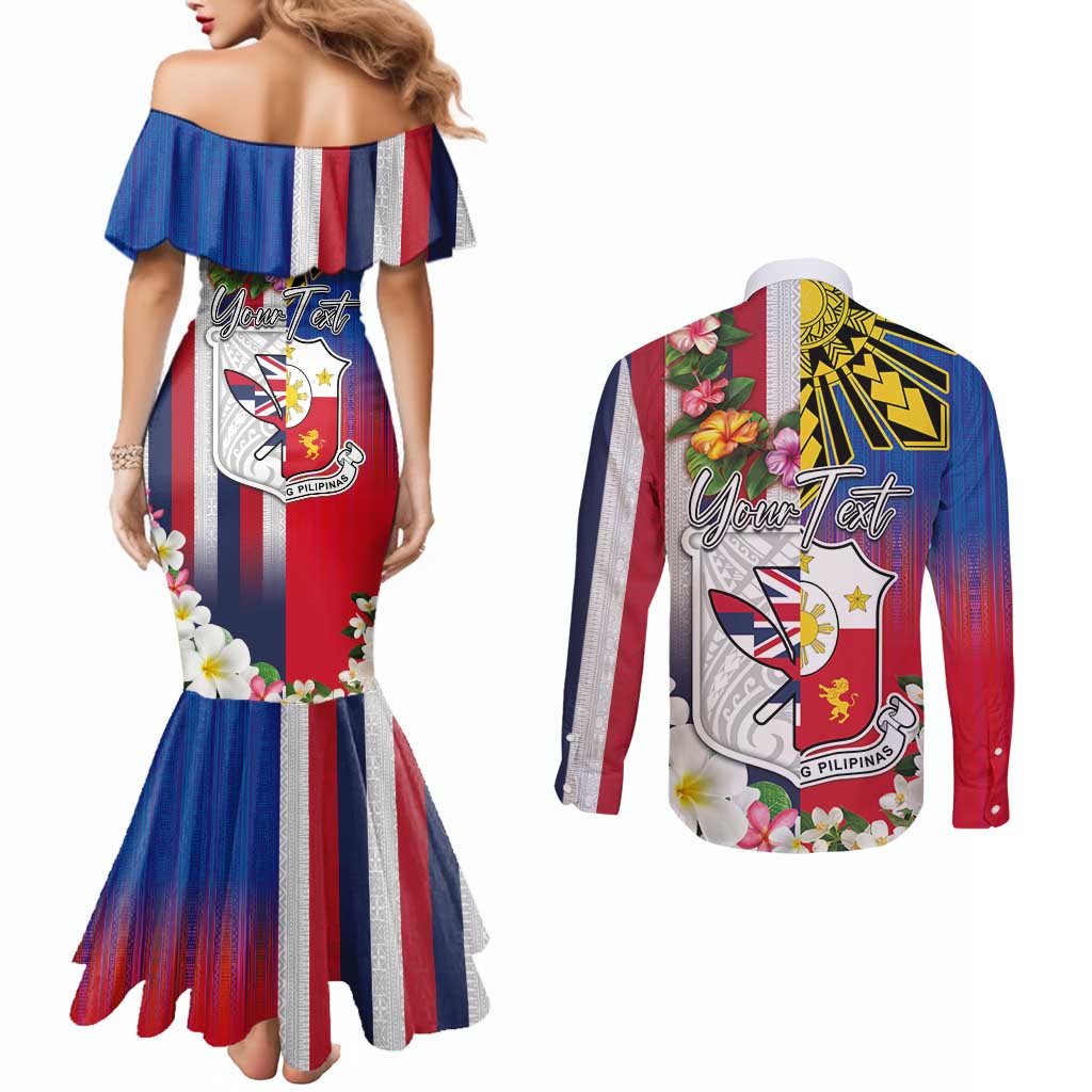 Personalised Hawaii and Philippines Together Couples Matching Mermaid Dress and Long Sleeve Button Shirt The Emblems with Cultural Symbols Blue-White-Red Tricolor LT03 - Polynesian Pride