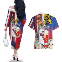 Personalised Hawaii and Philippines Together Couples Matching Off The Shoulder Long Sleeve Dress and Hawaiian Shirt The Emblems with Cultural Symbols Blue-White-Red Tricolor LT03 - Polynesian Pride