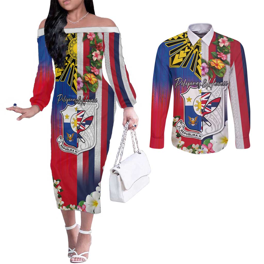Personalised Hawaii and Philippines Together Couples Matching Off The Shoulder Long Sleeve Dress and Long Sleeve Button Shirt The Emblems with Cultural Symbols Blue-White-Red Tricolor LT03 Art - Polynesian Pride