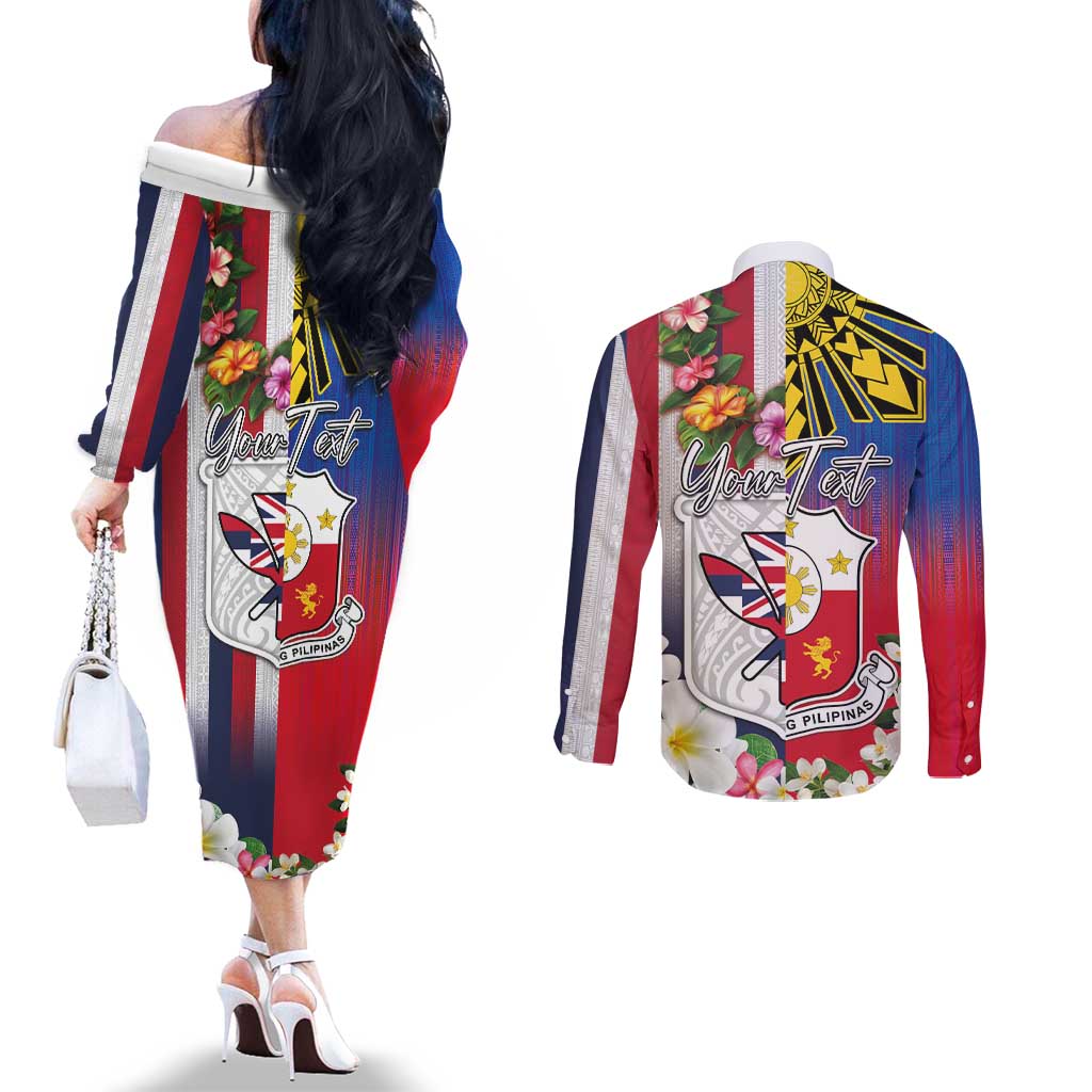 Personalised Hawaii and Philippines Together Couples Matching Off The Shoulder Long Sleeve Dress and Long Sleeve Button Shirt The Emblems with Cultural Symbols Blue-White-Red Tricolor LT03 - Polynesian Pride