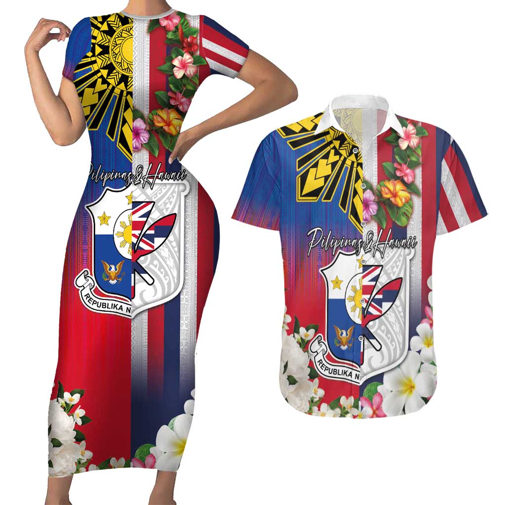 Personalised Hawaii and Philippines Together Couples Matching Short Sleeve Bodycon Dress and Hawaiian Shirt The Emblems with Cultural Symbols Blue-White-Red Tricolor LT03 Art - Polynesian Pride