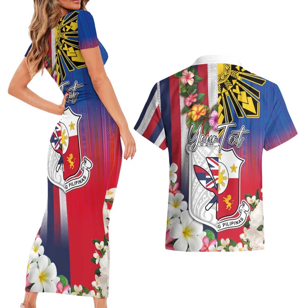 Personalised Hawaii and Philippines Together Couples Matching Short Sleeve Bodycon Dress and Hawaiian Shirt The Emblems with Cultural Symbols Blue-White-Red Tricolor LT03 - Polynesian Pride