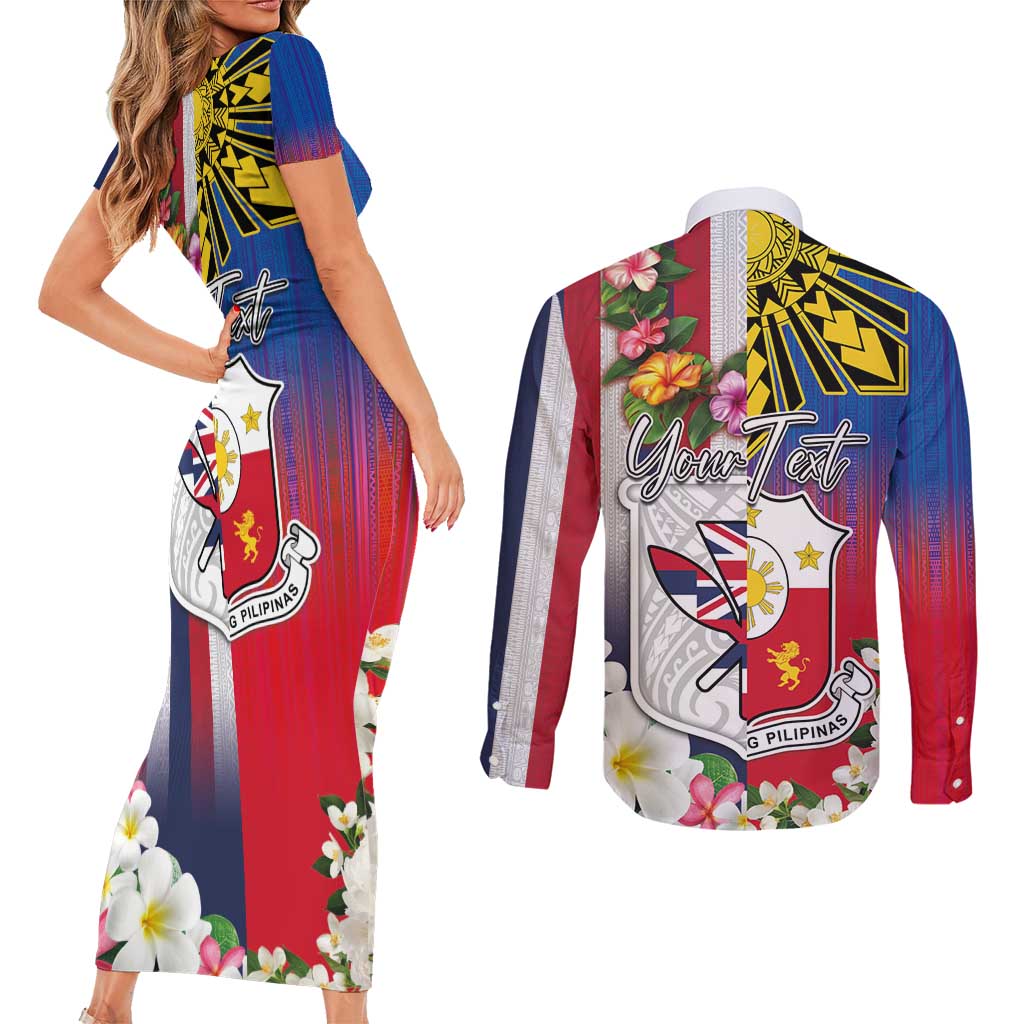 Personalised Hawaii and Philippines Together Couples Matching Short Sleeve Bodycon Dress and Long Sleeve Button Shirt The Emblems with Cultural Symbols Blue-White-Red Tricolor LT03 - Polynesian Pride