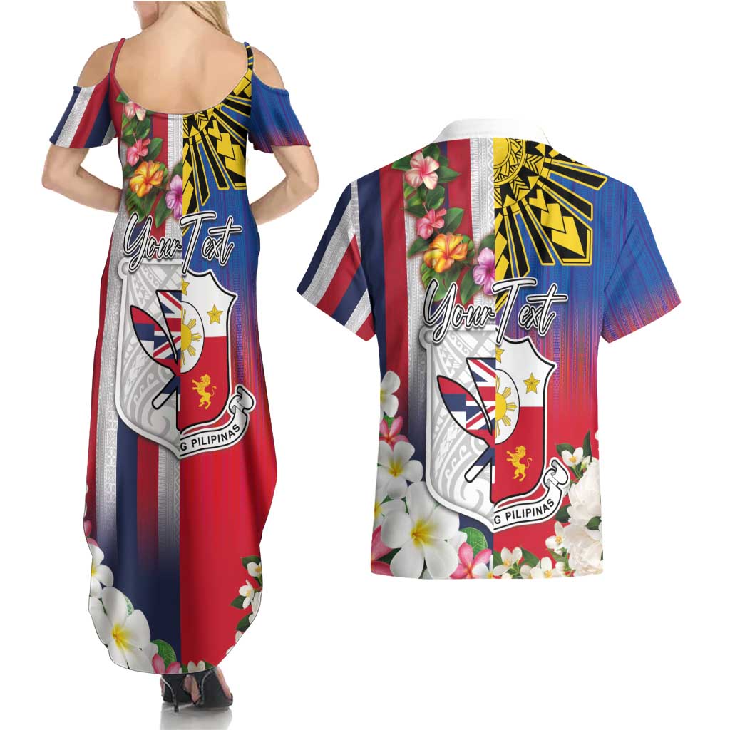 Personalised Hawaii and Philippines Together Couples Matching Summer Maxi Dress and Hawaiian Shirt The Emblems with Cultural Symbols Blue-White-Red Tricolor LT03 - Polynesian Pride