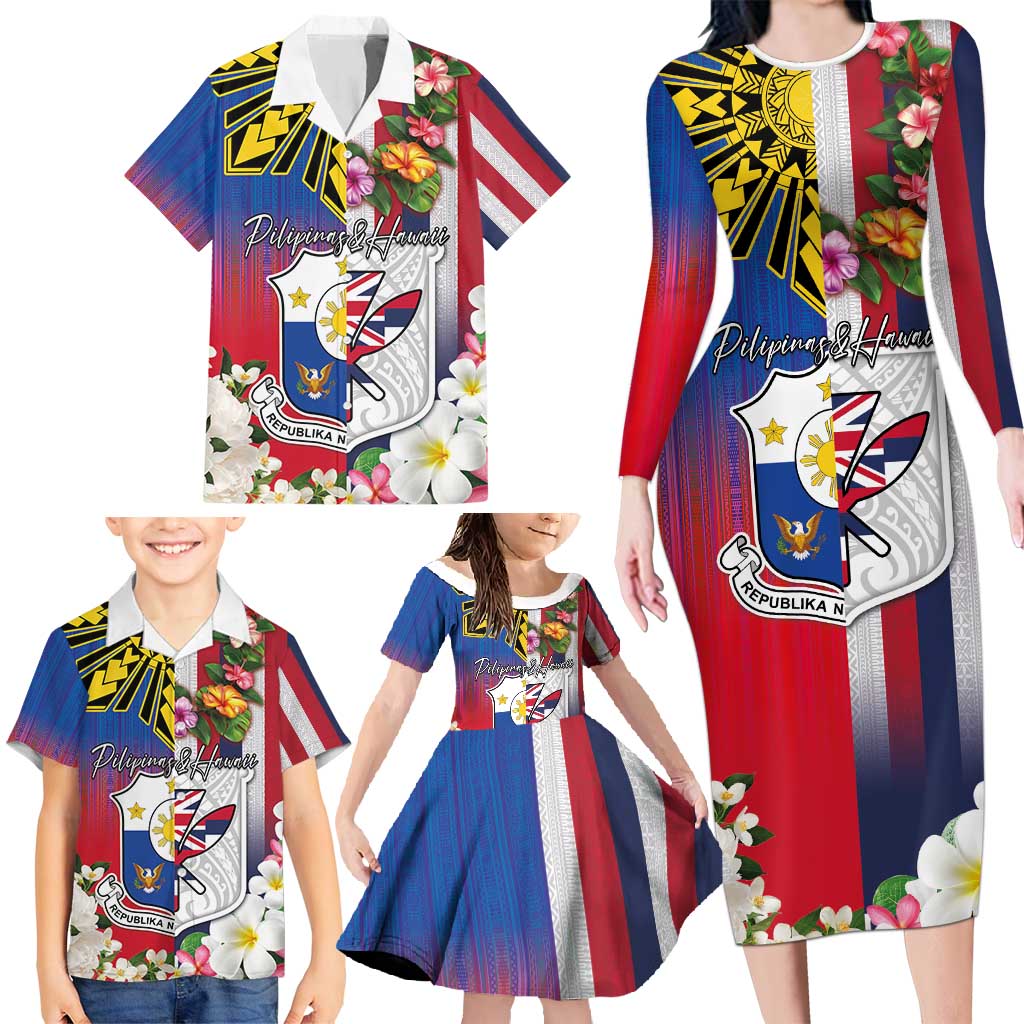 Personalised Hawaii and Philippines Together Family Matching Long Sleeve Bodycon Dress and Hawaiian Shirt The Emblems with Cultural Symbols Blue-White-Red Tricolor LT03 - Polynesian Pride