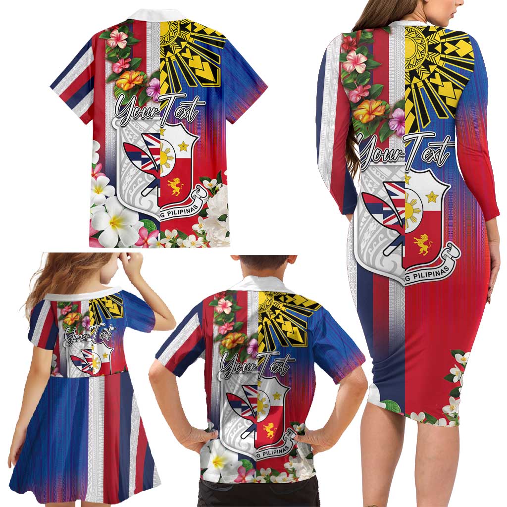 Personalised Hawaii and Philippines Together Family Matching Long Sleeve Bodycon Dress and Hawaiian Shirt The Emblems with Cultural Symbols Blue-White-Red Tricolor LT03 - Polynesian Pride