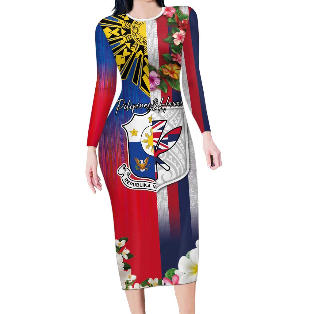 Personalised Hawaii and Philippines Together Family Matching Long Sleeve Bodycon Dress and Hawaiian Shirt The Emblems with Cultural Symbols Blue-White-Red Tricolor LT03 Mom's Dress Art - Polynesian Pride