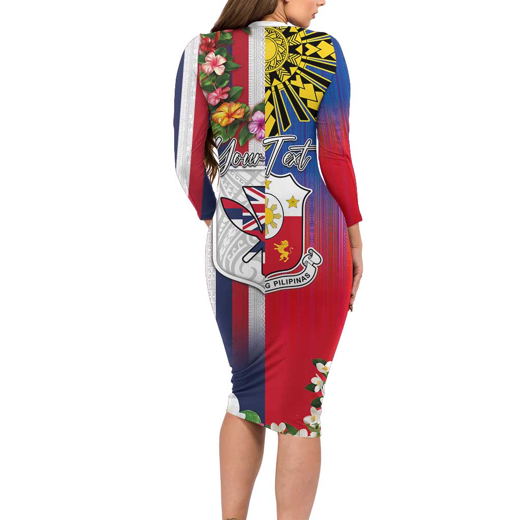 Personalised Hawaii and Philippines Together Family Matching Long Sleeve Bodycon Dress and Hawaiian Shirt The Emblems with Cultural Symbols Blue-White-Red Tricolor LT03 - Polynesian Pride