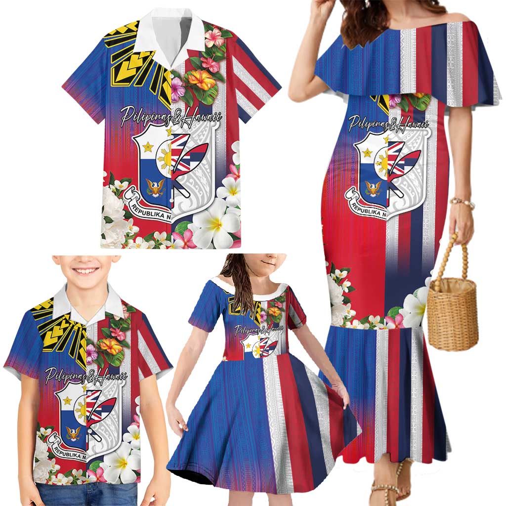 Personalised Hawaii and Philippines Together Family Matching Mermaid Dress and Hawaiian Shirt The Emblems with Cultural Symbols Blue-White-Red Tricolor LT03 - Polynesian Pride