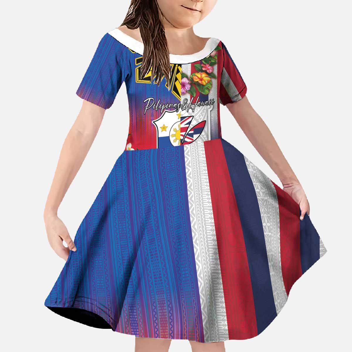 Personalised Hawaii and Philippines Together Family Matching Off The Shoulder Long Sleeve Dress and Hawaiian Shirt The Emblems with Cultural Symbols Blue-White-Red Tricolor LT03 Daughter's Dress Art - Polynesian Pride