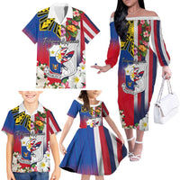 Personalised Hawaii and Philippines Together Family Matching Off The Shoulder Long Sleeve Dress and Hawaiian Shirt The Emblems with Cultural Symbols Blue-White-Red Tricolor LT03 - Polynesian Pride