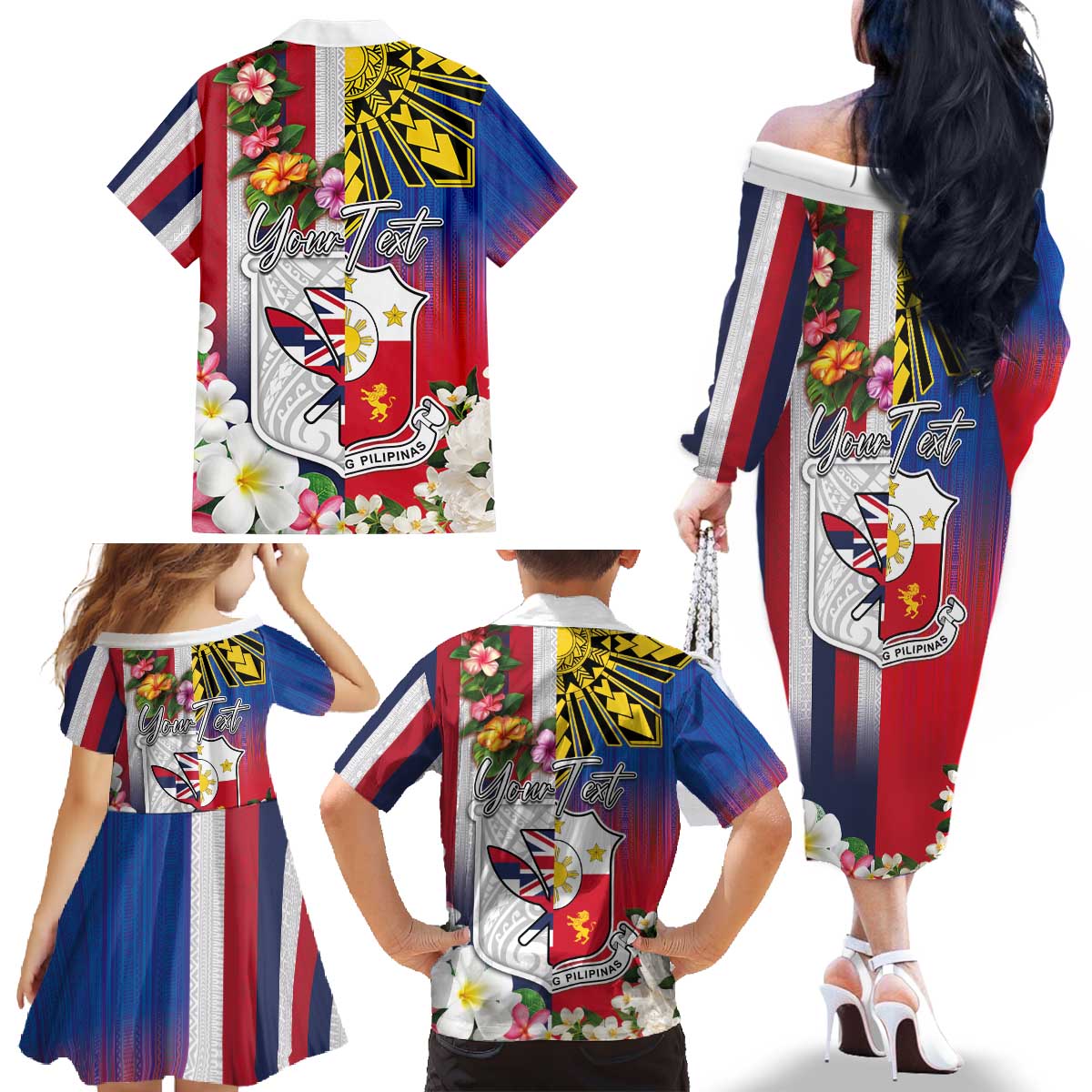 Personalised Hawaii and Philippines Together Family Matching Off The Shoulder Long Sleeve Dress and Hawaiian Shirt The Emblems with Cultural Symbols Blue-White-Red Tricolor LT03 - Polynesian Pride