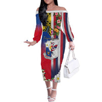 Personalised Hawaii and Philippines Together Family Matching Off The Shoulder Long Sleeve Dress and Hawaiian Shirt The Emblems with Cultural Symbols Blue-White-Red Tricolor LT03 Mom's Dress Art - Polynesian Pride