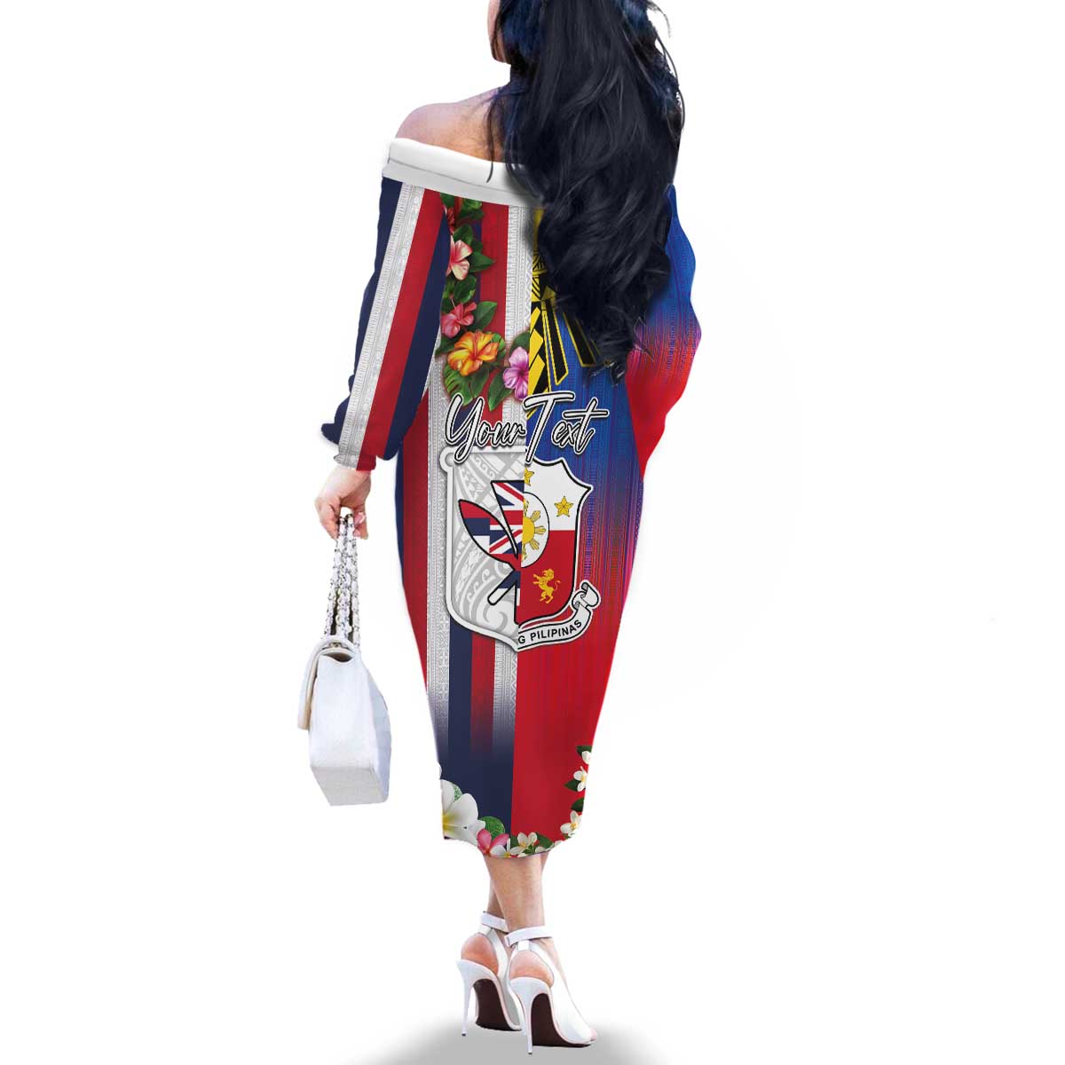 Personalised Hawaii and Philippines Together Family Matching Off The Shoulder Long Sleeve Dress and Hawaiian Shirt The Emblems with Cultural Symbols Blue-White-Red Tricolor LT03 - Polynesian Pride