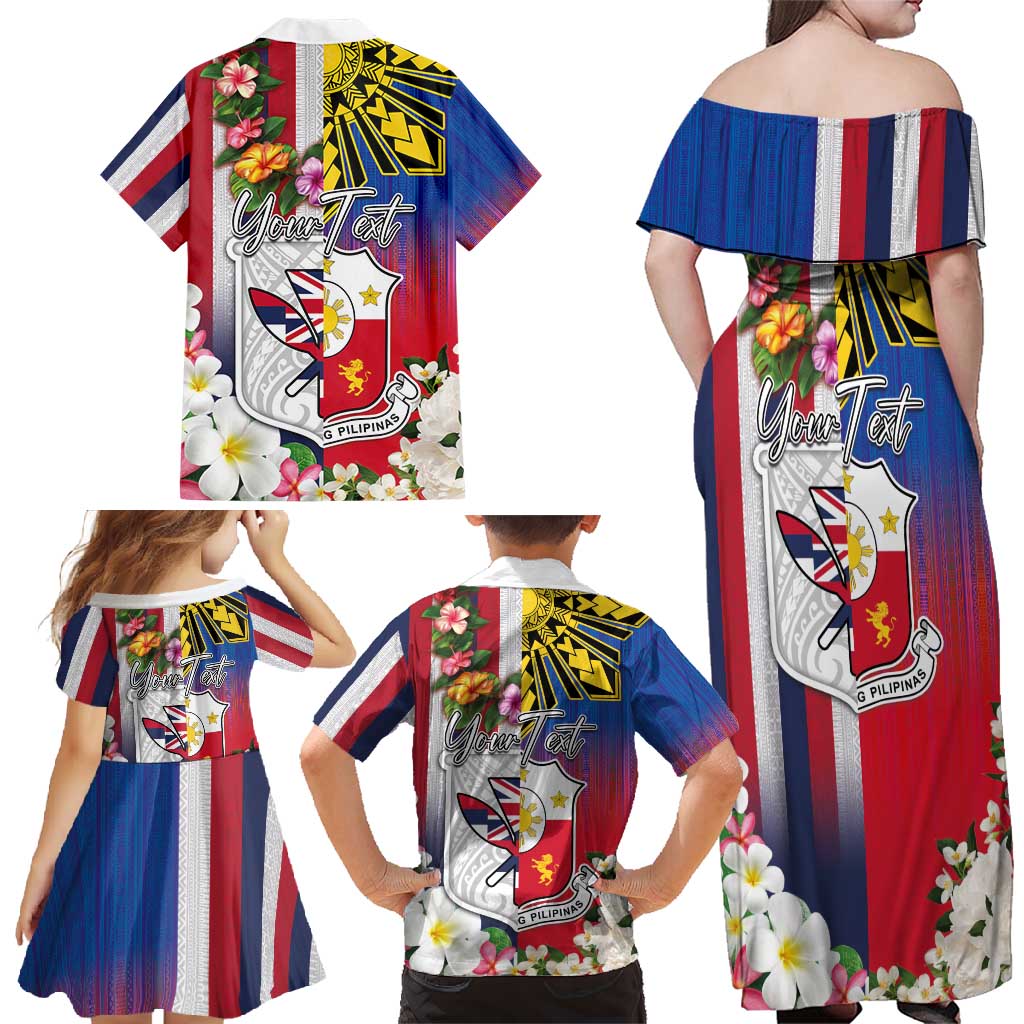 Personalised Hawaii and Philippines Together Family Matching Off Shoulder Maxi Dress and Hawaiian Shirt The Emblems with Cultural Symbols Blue-White-Red Tricolor LT03 - Polynesian Pride