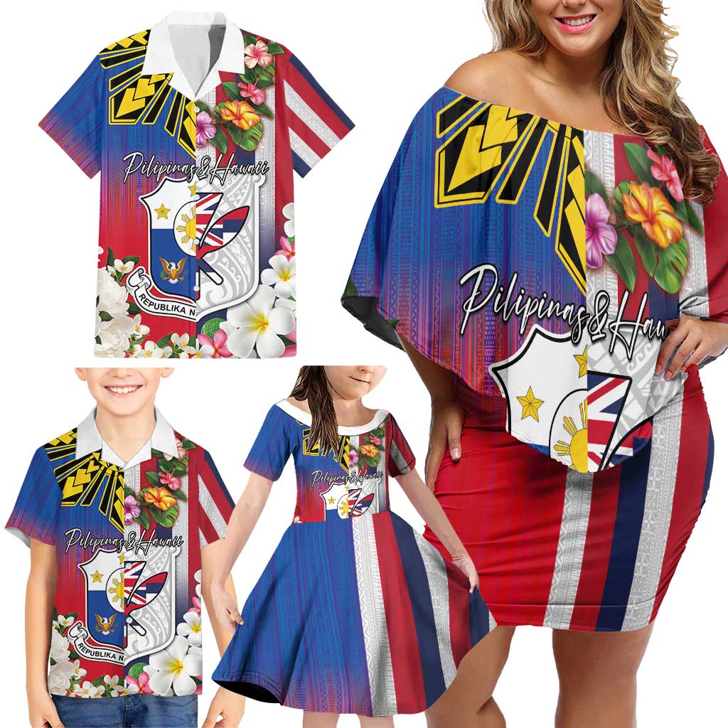 Personalised Hawaii and Philippines Together Family Matching Off Shoulder Short Dress and Hawaiian Shirt The Emblems with Cultural Symbols Blue-White-Red Tricolor LT03 - Polynesian Pride