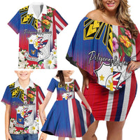 Personalised Hawaii and Philippines Together Family Matching Off Shoulder Short Dress and Hawaiian Shirt The Emblems with Cultural Symbols Blue-White-Red Tricolor LT03 - Polynesian Pride
