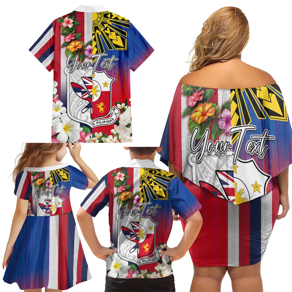 Personalised Hawaii and Philippines Together Family Matching Off Shoulder Short Dress and Hawaiian Shirt The Emblems with Cultural Symbols Blue-White-Red Tricolor LT03 - Polynesian Pride