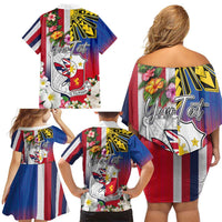 Personalised Hawaii and Philippines Together Family Matching Off Shoulder Short Dress and Hawaiian Shirt The Emblems with Cultural Symbols Blue-White-Red Tricolor LT03 - Polynesian Pride