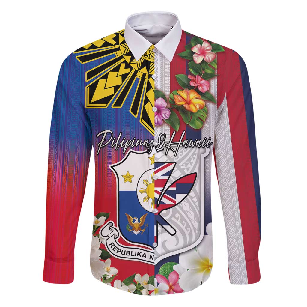 Personalised Hawaii and Philippines Together Family Matching Puletasi and Hawaiian Shirt The Emblems with Cultural Symbols Blue-White-Red Tricolor LT03 Dad's Shirt - Long Sleeve Art - Polynesian Pride