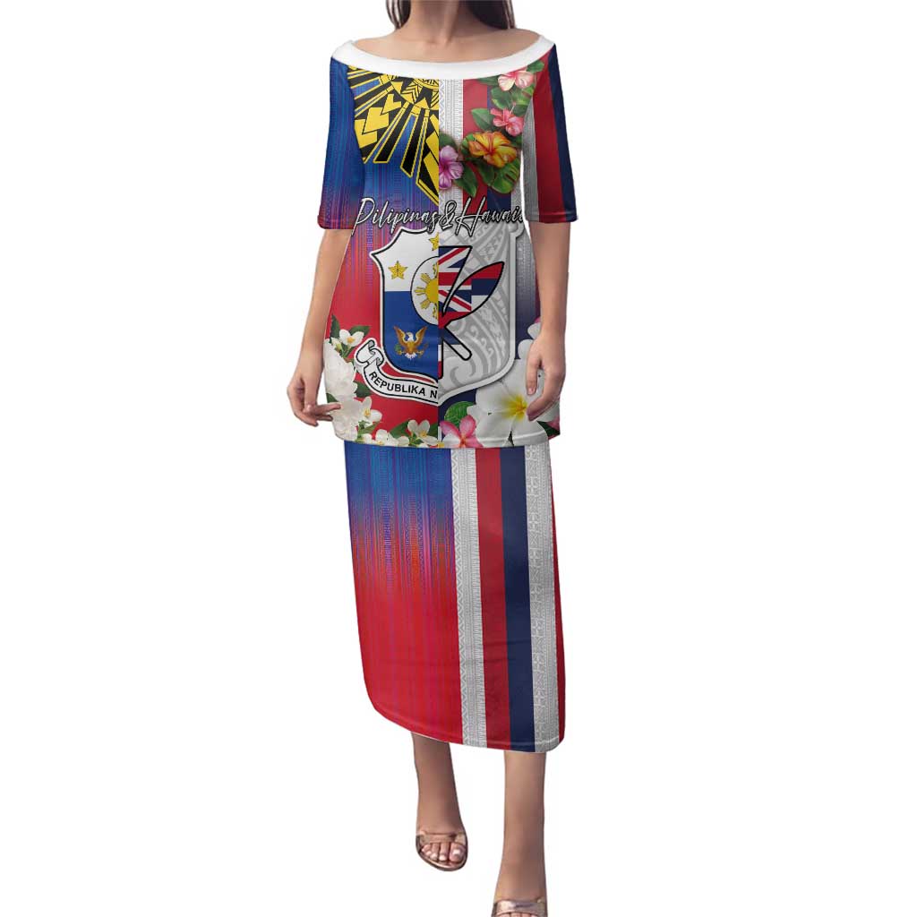 Personalised Hawaii and Philippines Together Family Matching Puletasi and Hawaiian Shirt The Emblems with Cultural Symbols Blue-White-Red Tricolor LT03 Mom's Dress Art - Polynesian Pride
