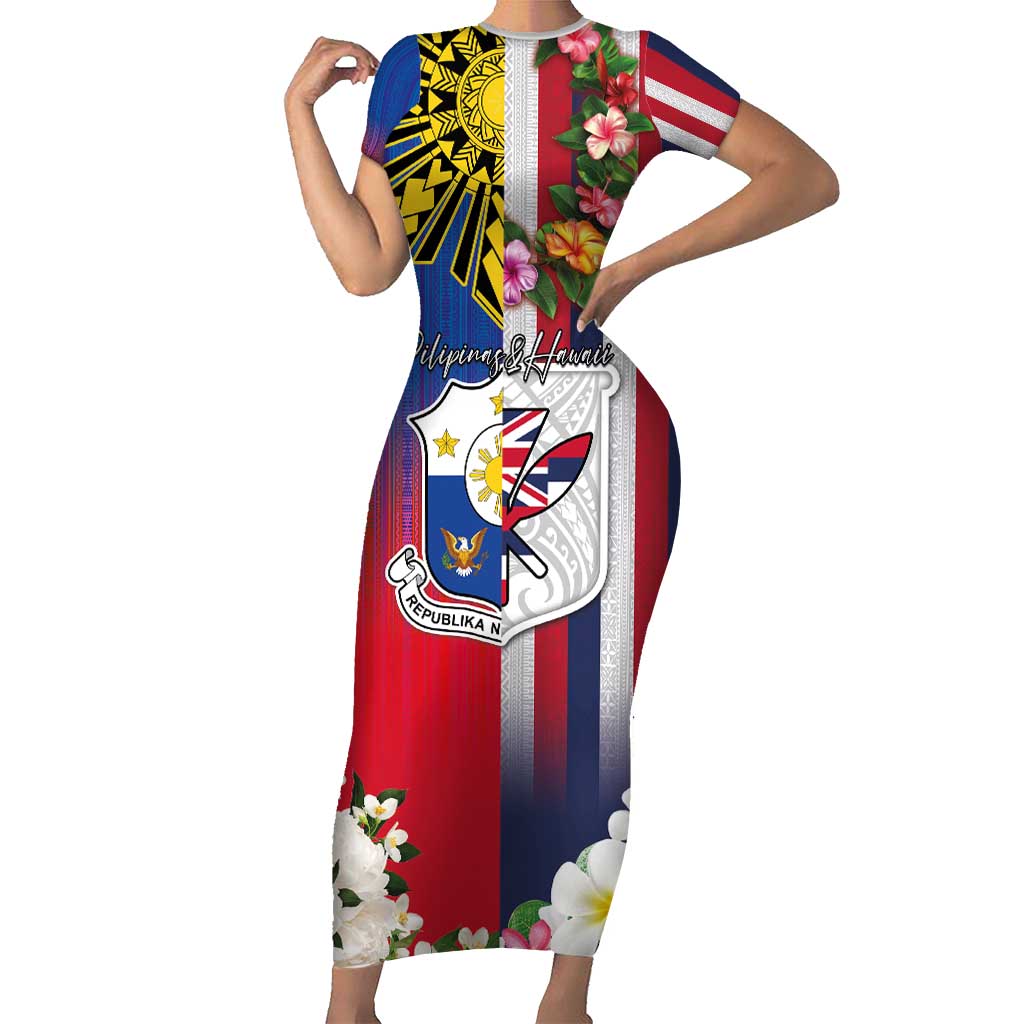Personalised Hawaii and Philippines Together Family Matching Short Sleeve Bodycon Dress and Hawaiian Shirt The Emblems with Cultural Symbols Blue-White-Red Tricolor LT03 Mom's Dress Art - Polynesian Pride