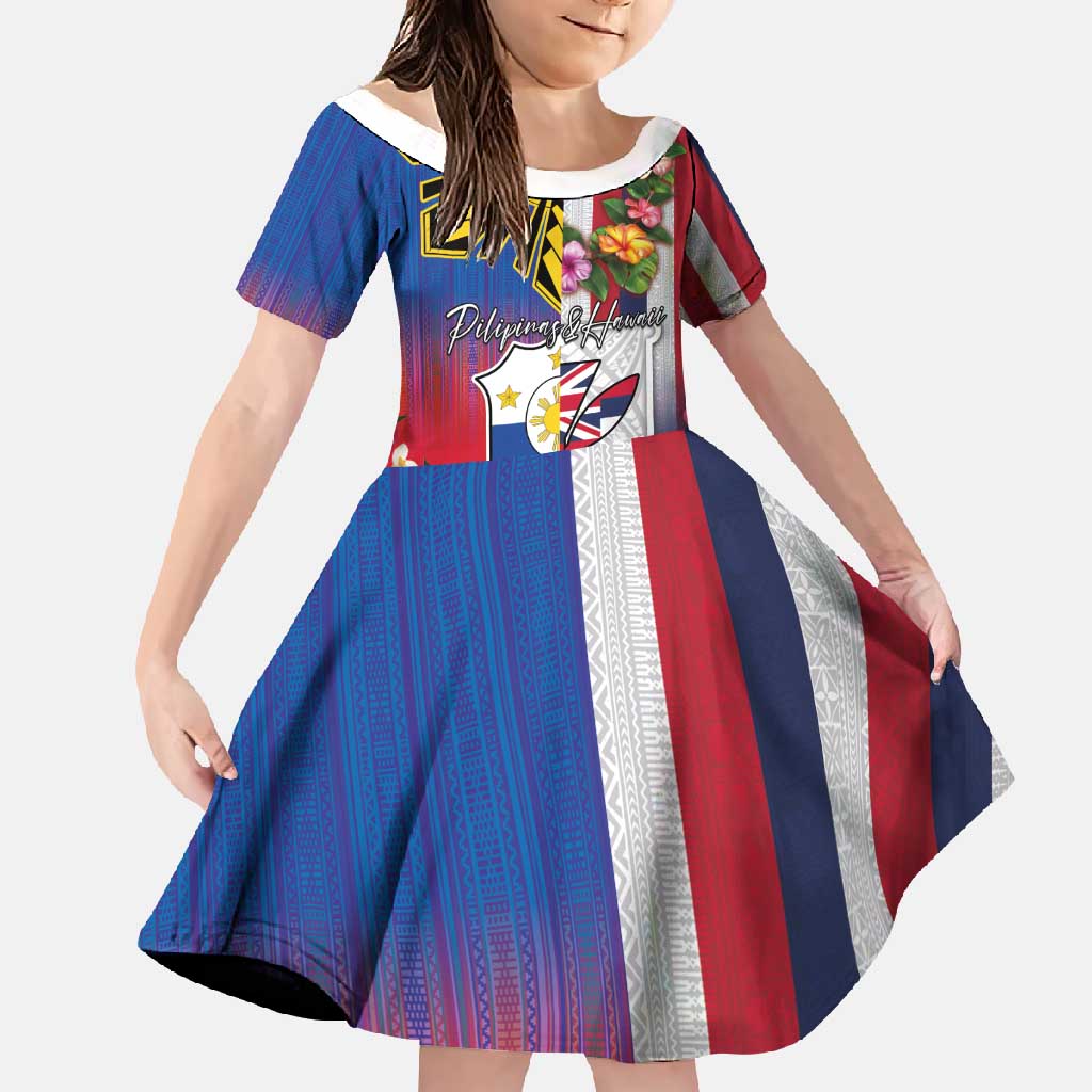 Personalised Hawaii and Philippines Together Family Matching Summer Maxi Dress and Hawaiian Shirt The Emblems with Cultural Symbols Blue-White-Red Tricolor LT03 Daughter's Dress Art - Polynesian Pride