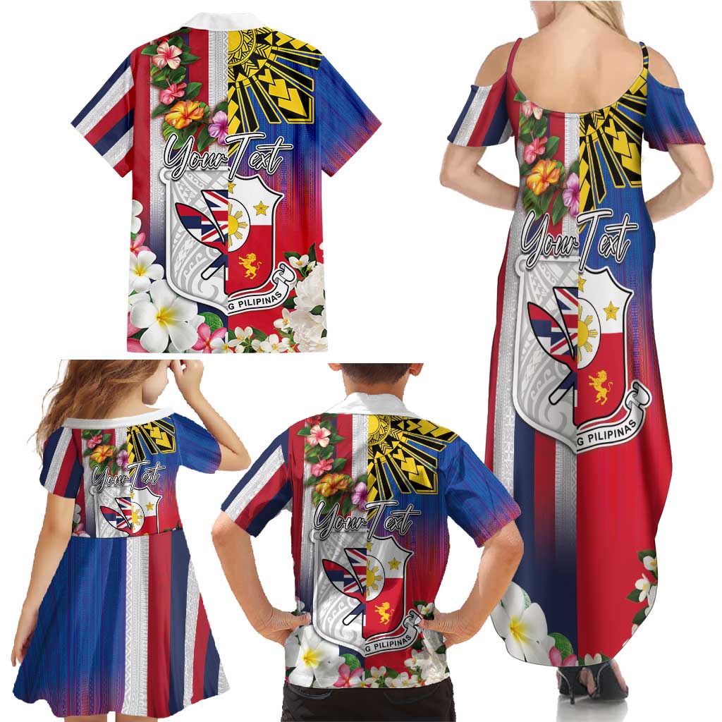 Personalised Hawaii and Philippines Together Family Matching Summer Maxi Dress and Hawaiian Shirt The Emblems with Cultural Symbols Blue-White-Red Tricolor LT03 - Polynesian Pride