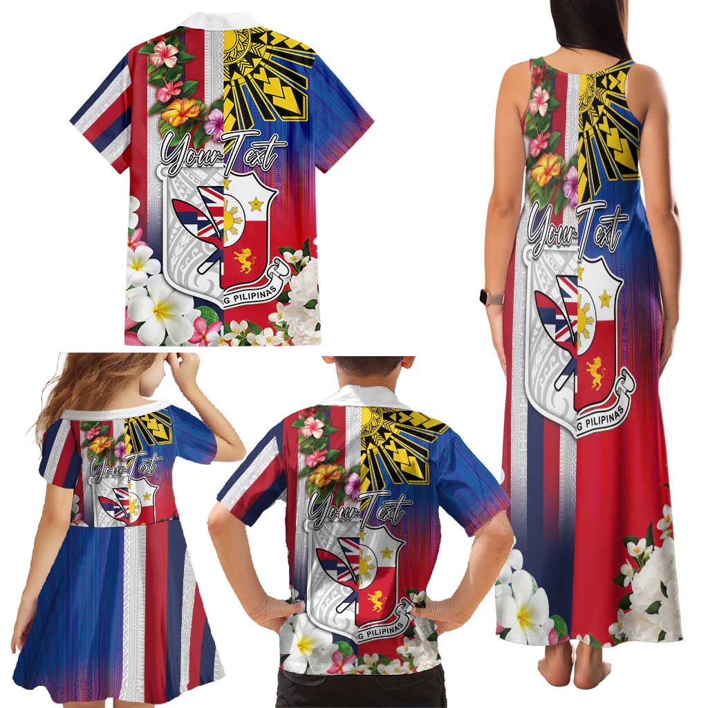 Personalised Hawaii and Philippines Together Family Matching Tank Maxi Dress and Hawaiian Shirt The Emblems with Cultural Symbols Blue-White-Red Tricolor LT03 - Polynesian Pride
