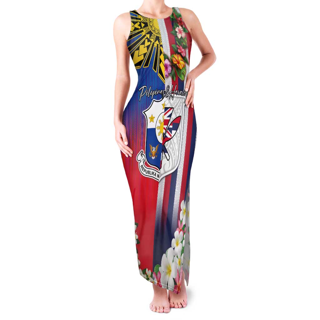 Personalised Hawaii and Philippines Together Family Matching Tank Maxi Dress and Hawaiian Shirt The Emblems with Cultural Symbols Blue-White-Red Tricolor LT03 Mom's Dress Art - Polynesian Pride