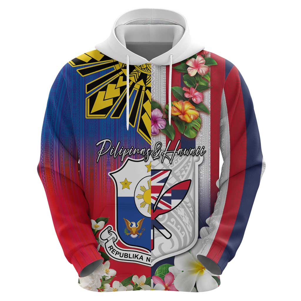 Personalised Hawaii and Philippines Together Hoodie The Emblems with Cultural Symbols Blue-White-Red Tricolor