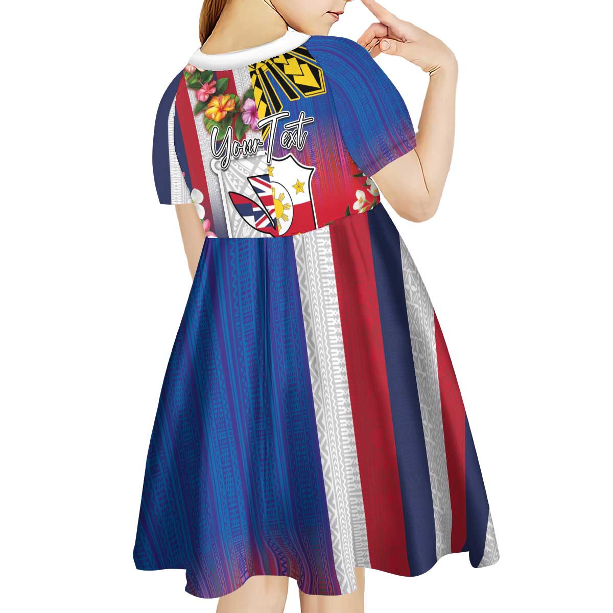 Personalised Hawaii and Philippines Together Kid Short Sleeve Dress The Emblems with Cultural Symbols Blue-White-Red Tricolor