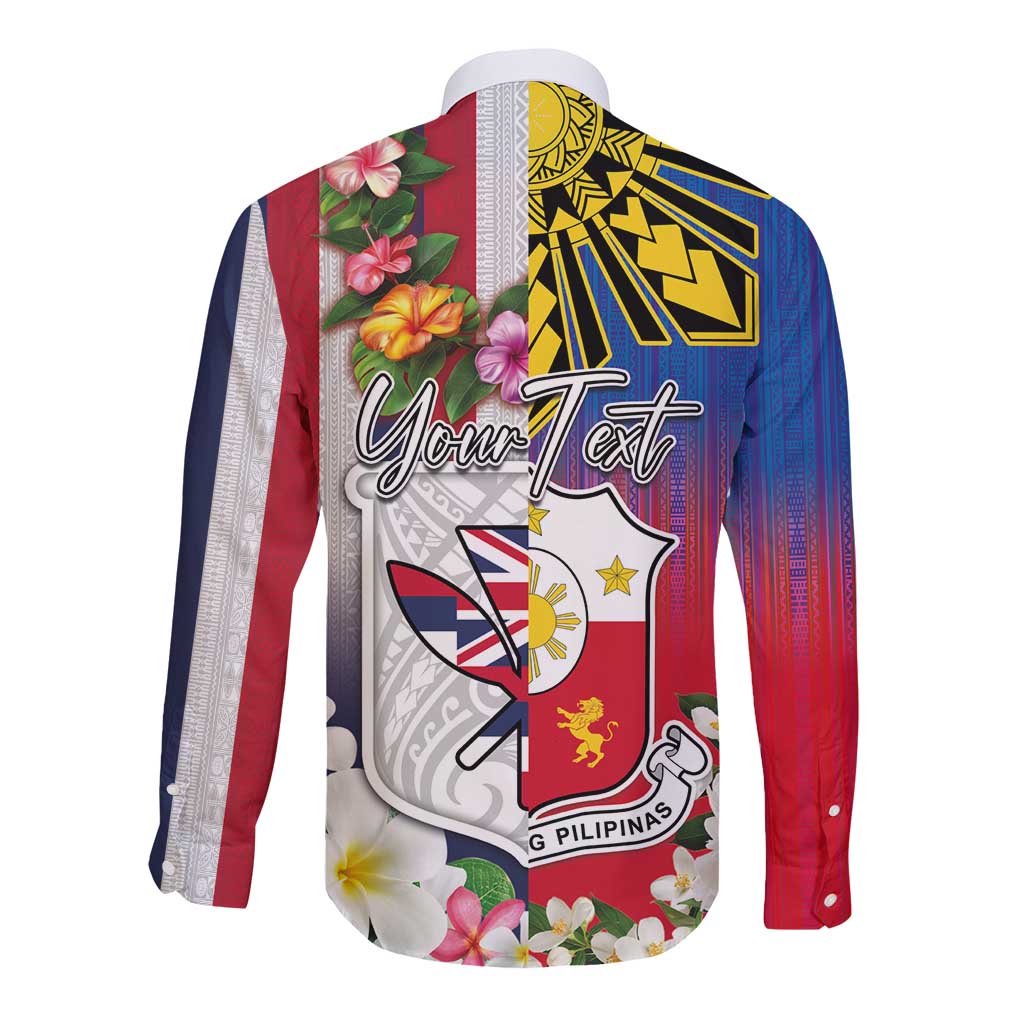 Personalised Hawaii and Philippines Together Long Sleeve Button Shirt The Emblems with Cultural Symbols Blue-White-Red Tricolor