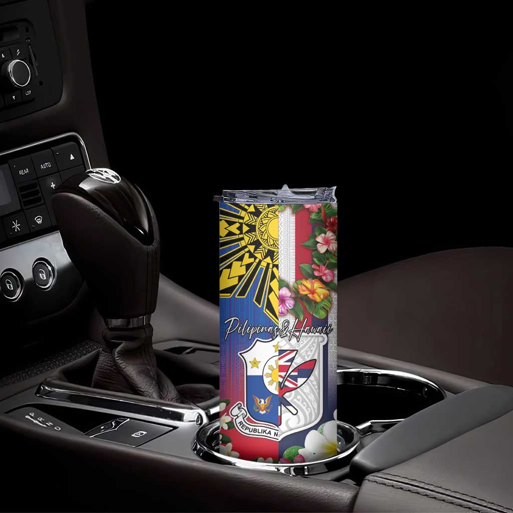 Personalised Hawaii and Philippines Together Skinny Tumbler The Emblems with Cultural Symbols Blue-Red Gradient