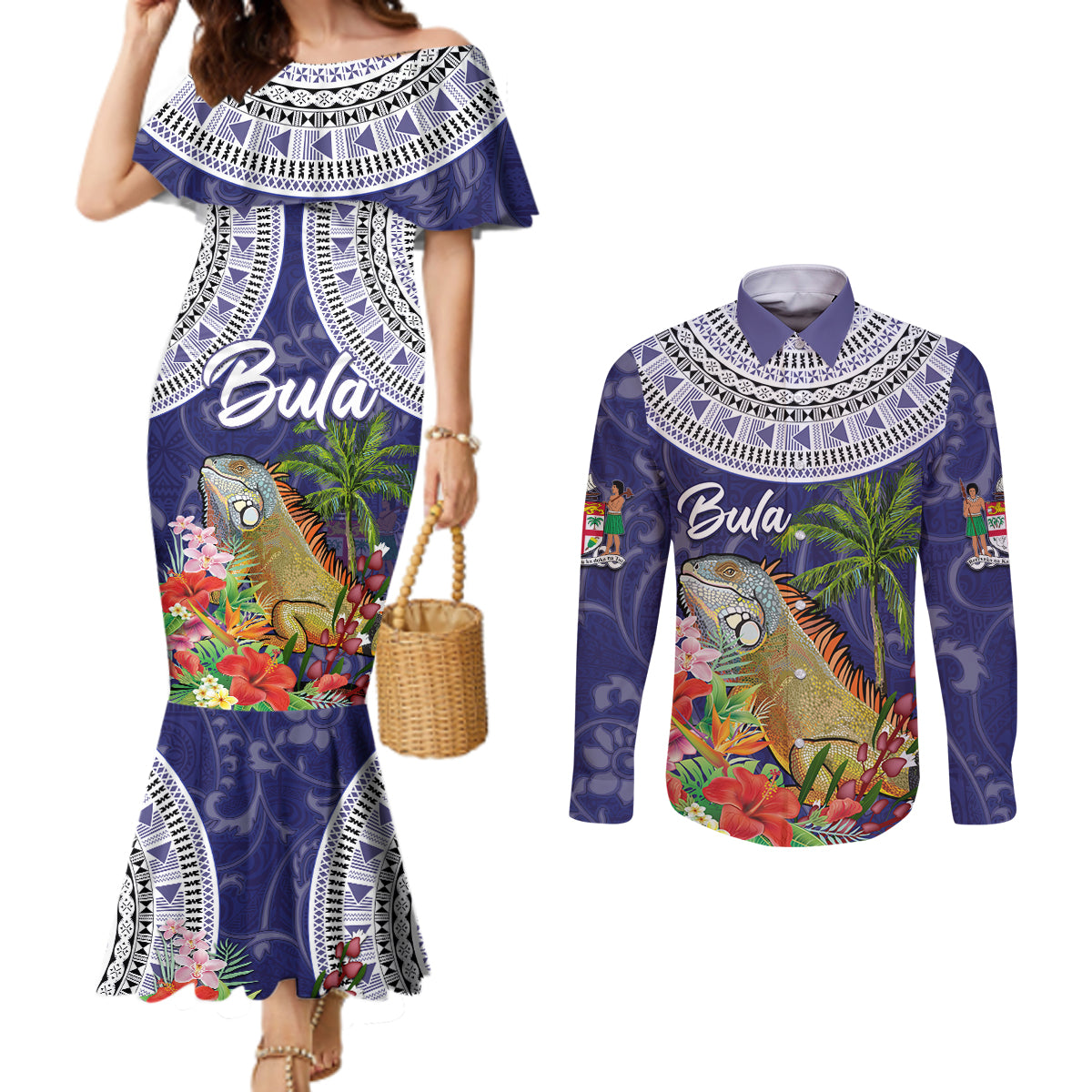 Bula Fiji Crested Iguana Couples Matching Mermaid Dress and Long Sleeve Button Shirt Tagimaucia Tapa Tribal Blue Color LT03 Blue - Polynesian Pride