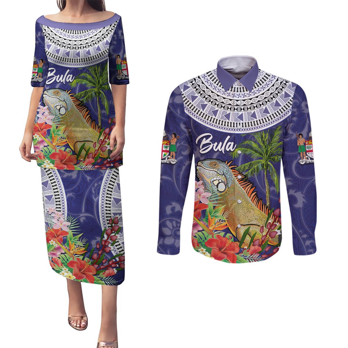 Bula Fiji Crested Iguana Couples Matching Puletasi and Long Sleeve Button Shirt Tagimaucia Tapa Tribal Blue Color LT03 Blue - Polynesian Pride