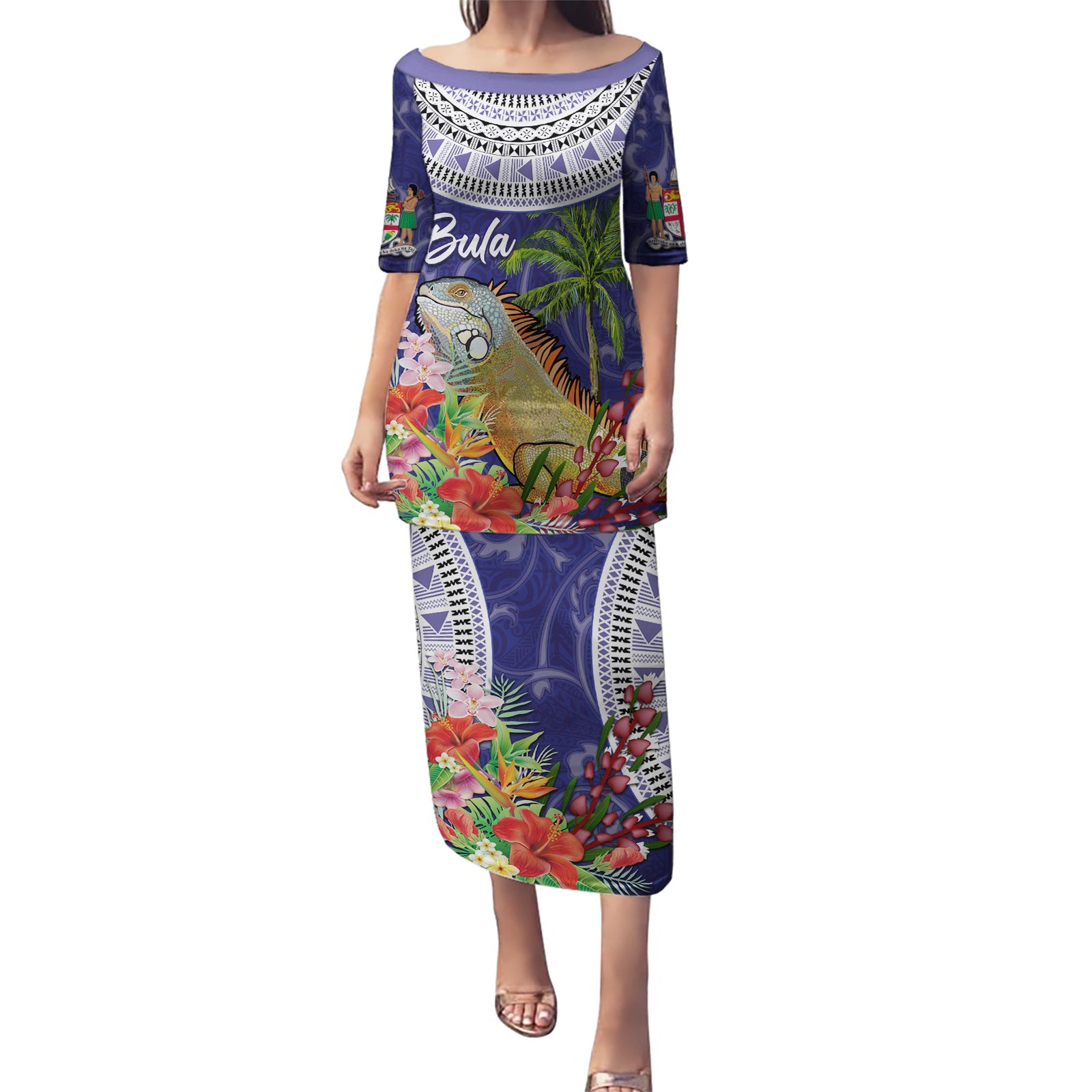Bula Fiji Crested Iguana Puletasi Tagimaucia Tapa Tribal Blue Color LT03 Long Dress Blue - Polynesian Pride