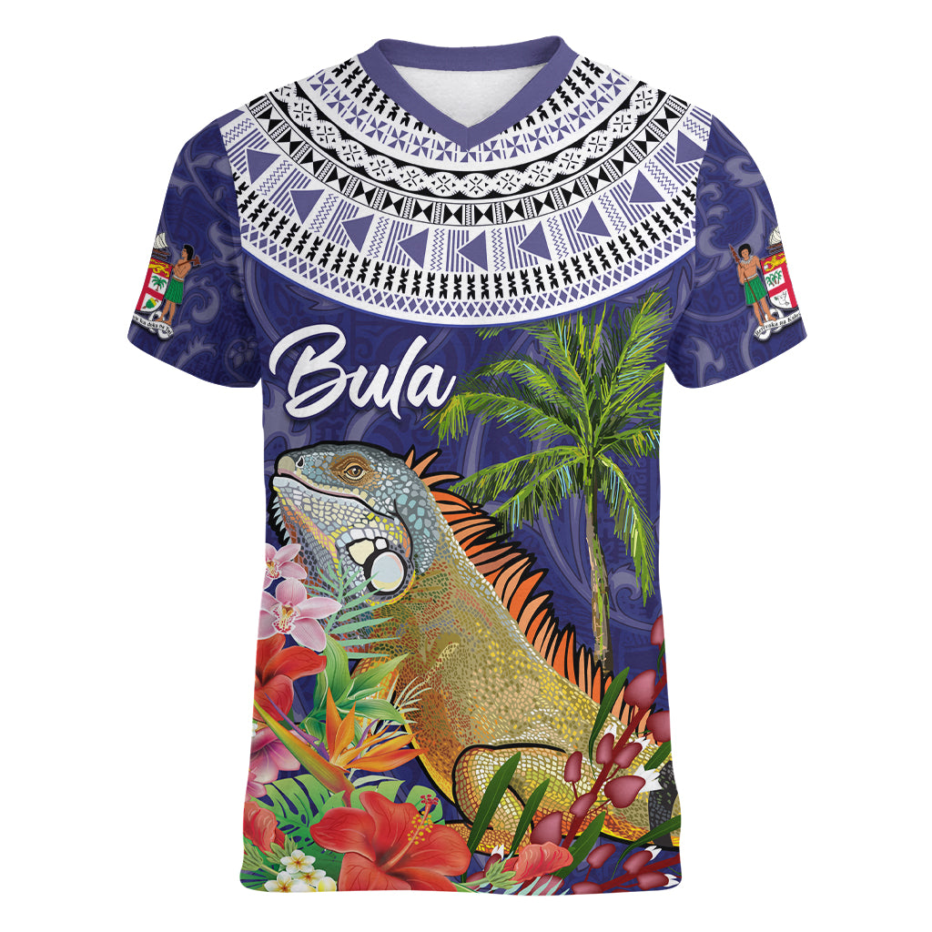 Bula Fiji Crested Iguana Women V Neck T Shirt Tagimaucia Tapa Tribal Blue Color LT03 Female Blue - Polynesian Pride