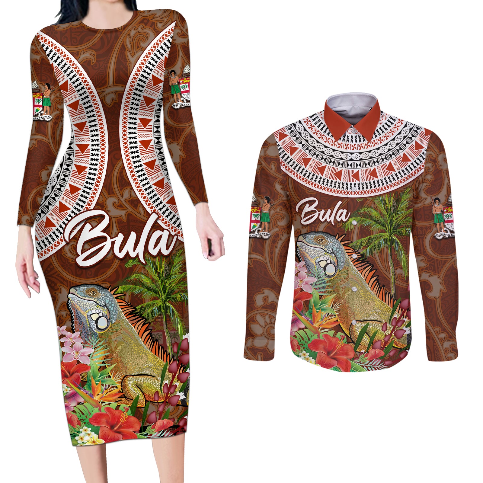 Bula Fiji Crested Iguana Couples Matching Long Sleeve Bodycon Dress and Long Sleeve Button Shirt Tagimaucia Tapa Tribal Brown Color LT03 Brown - Polynesian Pride
