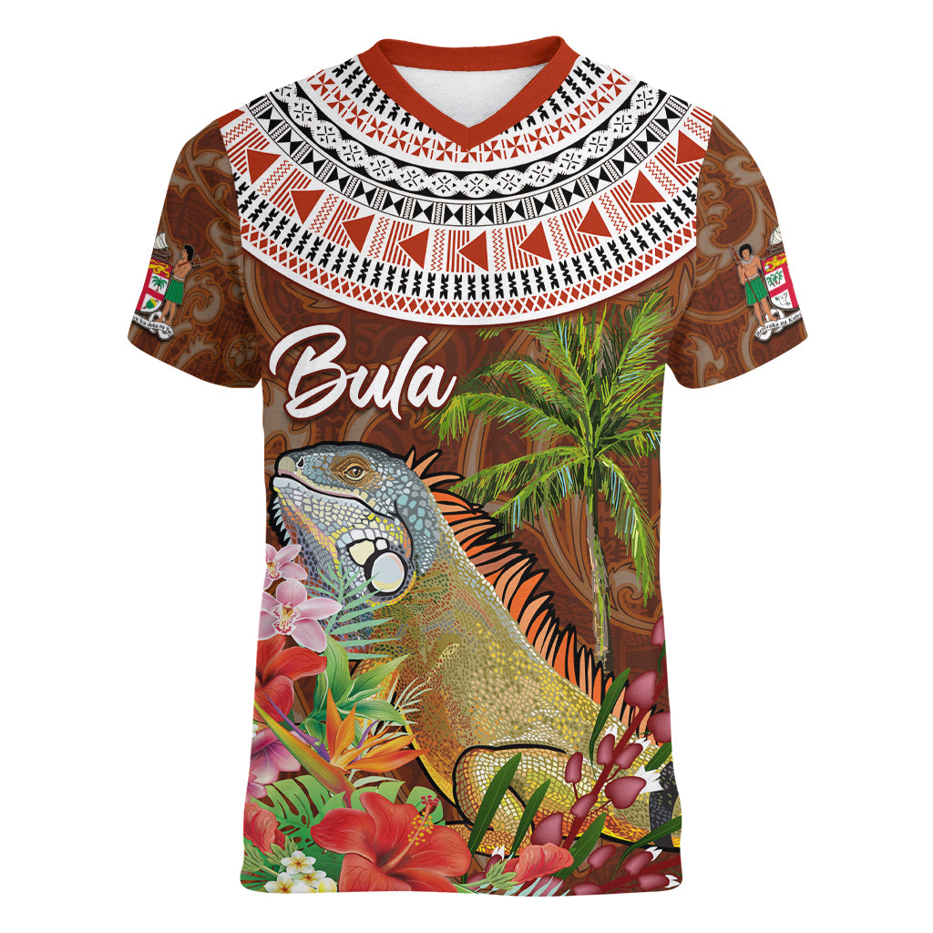 Bula Fiji Crested Iguana Women V Neck T Shirt Tagimaucia Tapa Tribal Brown Color LT03 Female Brown - Polynesian Pride