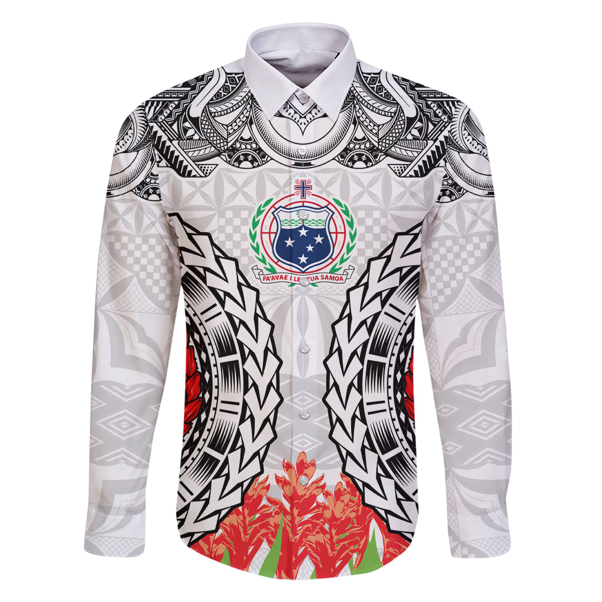 Samoa Siapo Ula Fala Family Matching Off Shoulder Short Dress and Hawaiian Shirt With Ginger Plant White Color LT03 Dad's Shirt - Long Sleeve White - Polynesian Pride