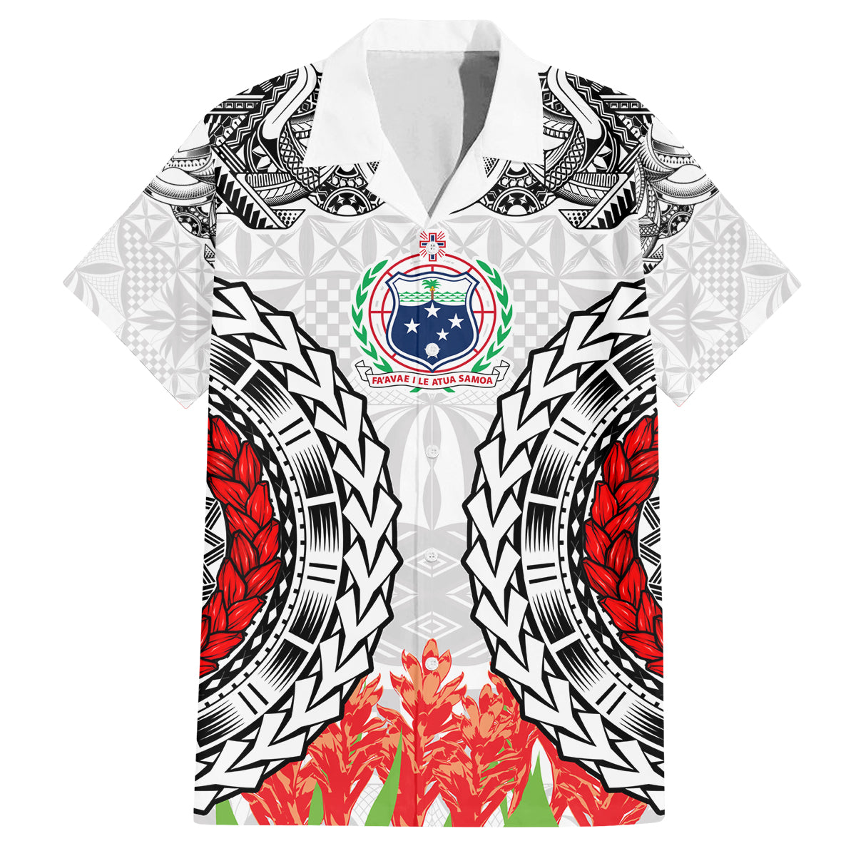 Samoa Siapo Ula Fala Family Matching Summer Maxi Dress and Hawaiian Shirt With Ginger Plant White Color LT03 Dad's Shirt - Short Sleeve White - Polynesian Pride