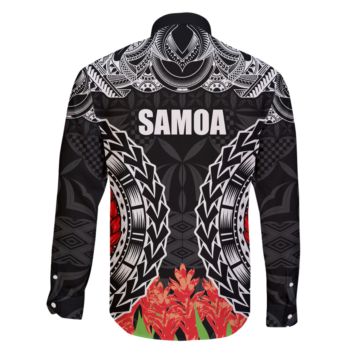 Samoa Siapo Ula Fala Family Matching Short Sleeve Bodycon Dress and Hawaiian Shirt With Ginger Plant Black Color LT03 - Polynesian Pride
